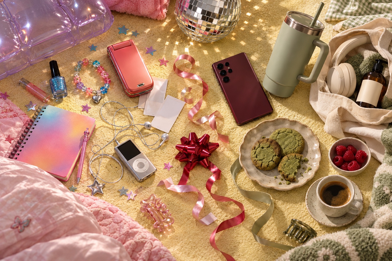 A colorful mix of nostalgic gadgets, candy, accessories and everyday things from two eras