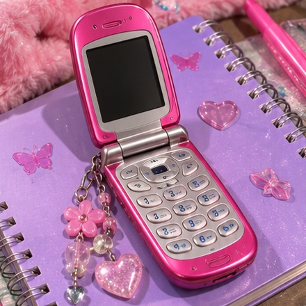 A pink clamshell-shaped device with a small screen and a keypad